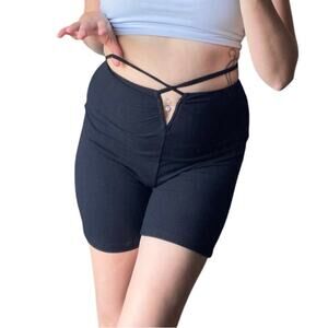 Le Lis S Black Ribbed Knit Strappy Tie Up V High Rise Biker Shorts